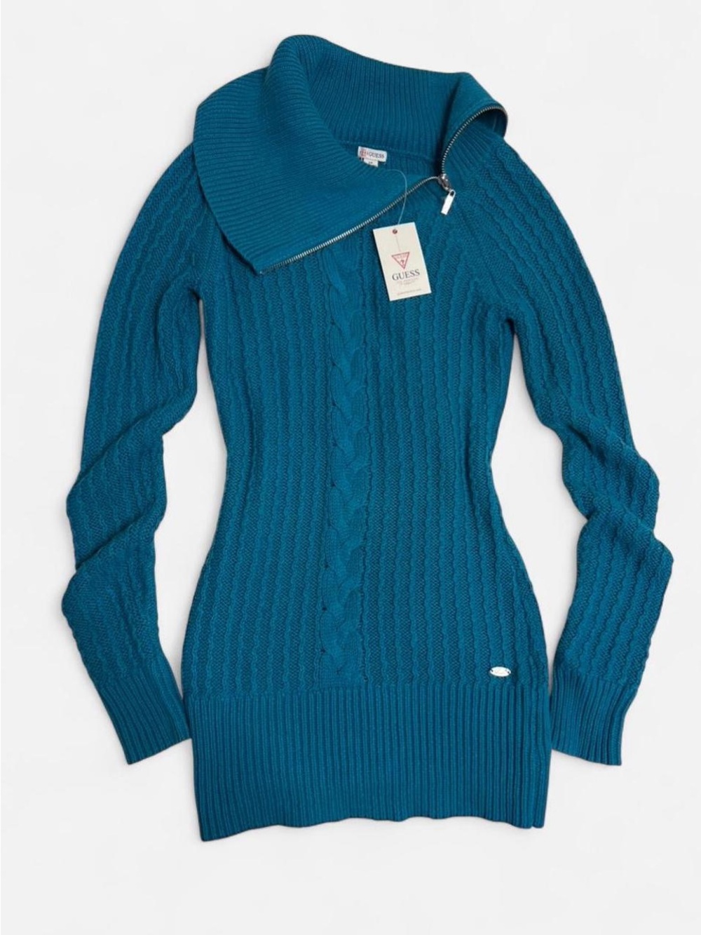 GUESS Teal Cable-Knit Zip Collar Women's Sweater